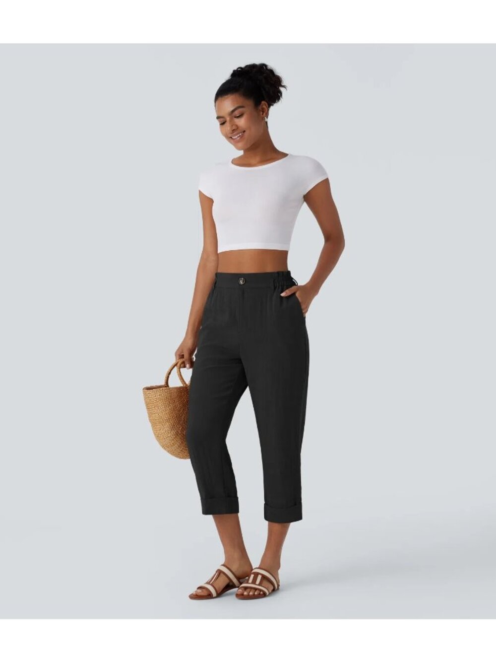 Halara High Waisted Zipper Pocket Cropped Linen-Feel Pants NWT Black Size Small